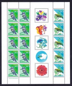 Japan 2161a (2158 & 2161) MNH Birds +3 Flowers Labels Mini Sheet of 15 VF