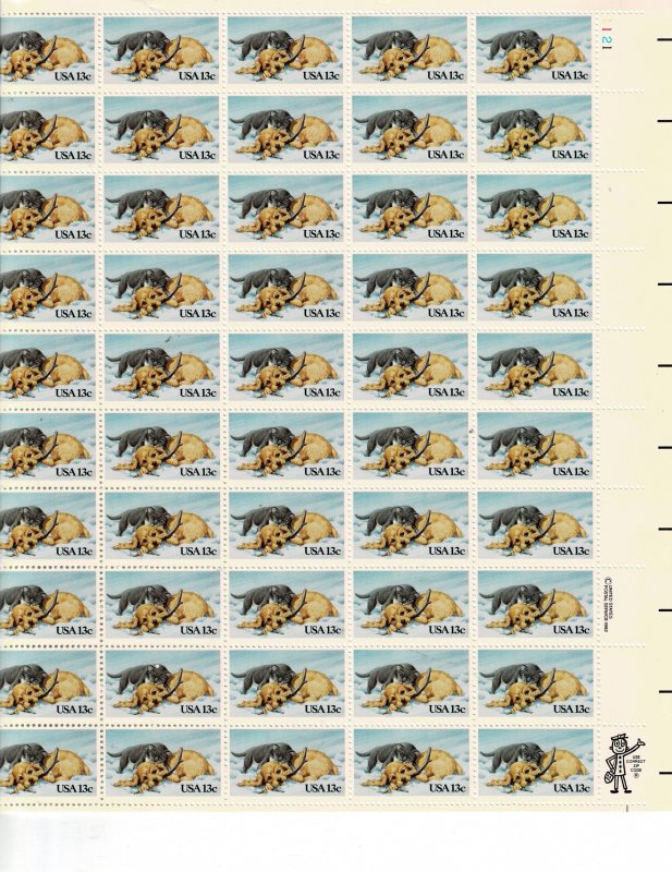 Puppy and Kitten 13c US Postage Sheet #2025 VF MNH