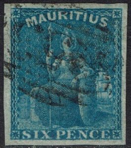 MAURITIUS 1859 BRITANNIA 6D BLUE IMPERF USED