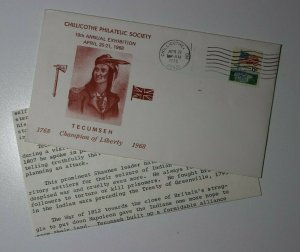 Chillcothe OH Philatelic Society Exhibition Tecumseh 1968 Cachet Cover 