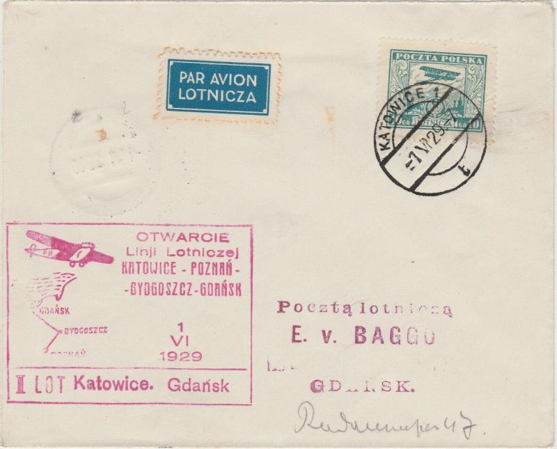 POLOGNE / POLAND 1929 (June 1) SCARCE 1st Air Mail Flight Cover KATOWICE-GDANSK