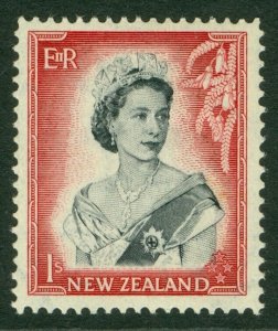 SG 732b New Zealand 1/- black & carmine, die 2. Fine mounted mint CAT £225