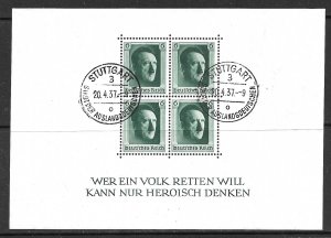 GERMANY 1937 Adolf Hitler 48th Birthday Souvenir Sheet Sc B102 Stuttgart Pmk VFU