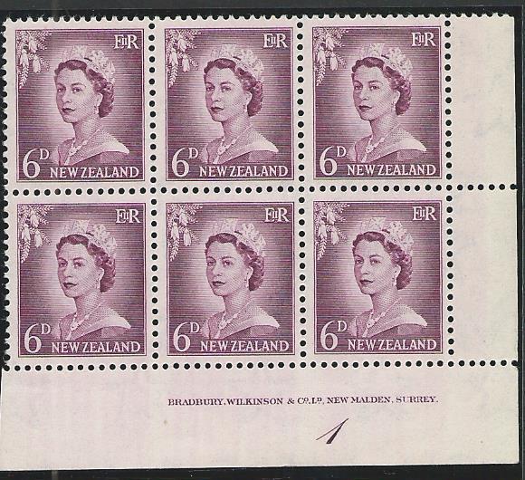 NEW ZEALAND 1955 6d large figures plate block # 1 mint....................50869