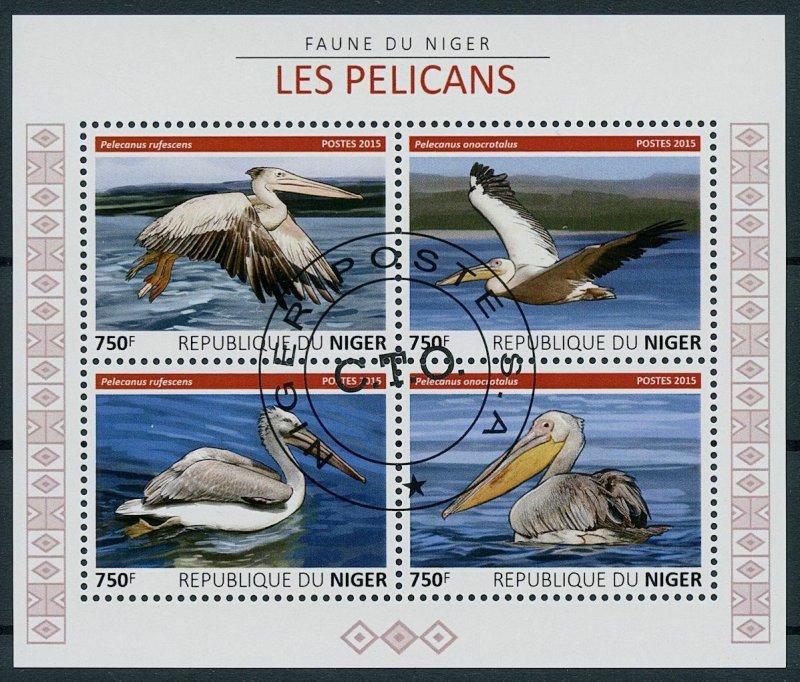 Niger 2015 CTO Birds on Stamps Pelicans Pelican 4v M/S 