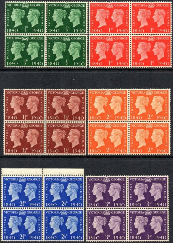 1940 Sg479/484 Postage Centenary of Postage Stamp Set Blocks of 4 Unmounted Mint