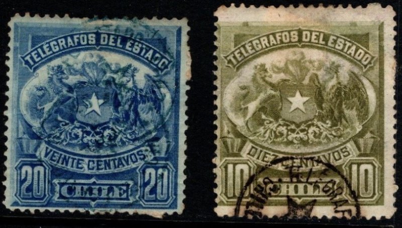 1880's Chile Revenue State Telegraphs 10 & 20 Centavos 2 Stamps Used