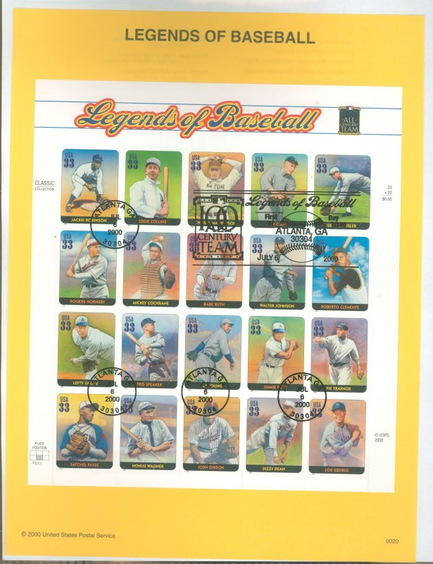 US SP1351/3408 2000 Legends of Baseball pane of twenty 33c stamps on official USPS souvenir page FDC, #3408 with first day cance