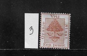 ORANGE RIVER COLONY SCOTT #3 1868-1900 1P (RED BROWN) MINT HINGED