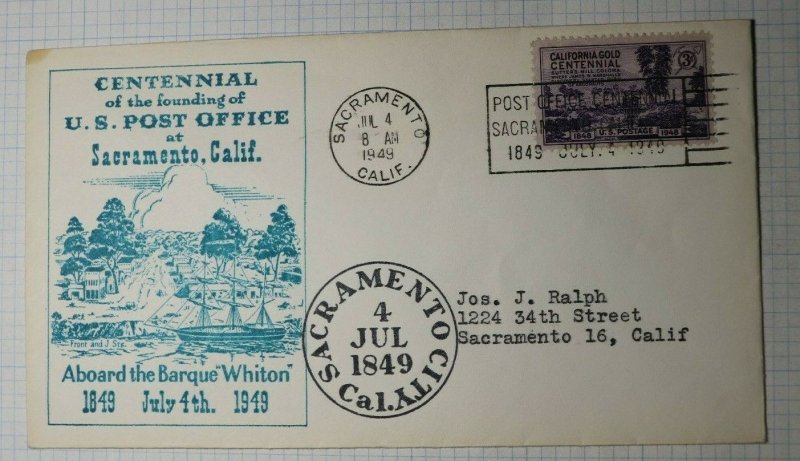 Centennial of Founding US Post Office Aboard Barque Whiton Sacramento CA 1949