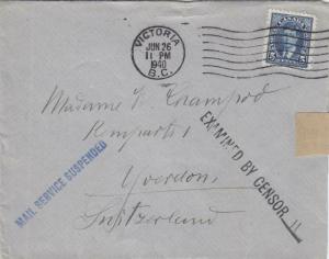 1940, Victoria, Canada to Switzerland, See Remark, Censored (C3210)