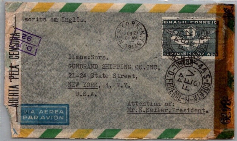 BRAZIL POSTAL HISTORY WWII AIRMAIL CENSORED COVER ADDR USA CANC YRS'1940-45