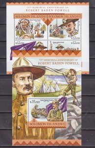 Solomon Is. 2016 issue. Scout B. Powell Anniversary sheet of 4 and s/sheet. ^