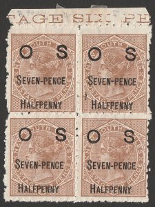 NEW SOUTH WALES 1891 QV OS 'Seven-pence Halfpenny' on 6d pair part inscription.