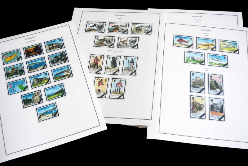 COLOR PRINTED GB ALDERNEY 1983-2020 STAMP ALBUM PAGES (89 illustrated pages)