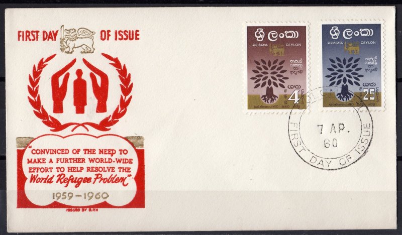 Ceylon - Sri Lanka 1960 World Refugee Year Sc# 360-61 Tree Hand Private FDC