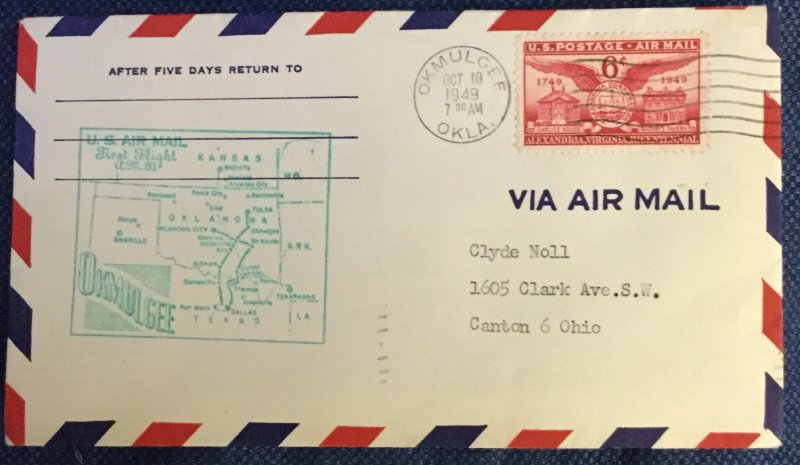 US First Flight Cover AM 81 Okmulgee TX to Dallas TX 10/10/49 #C40 L19