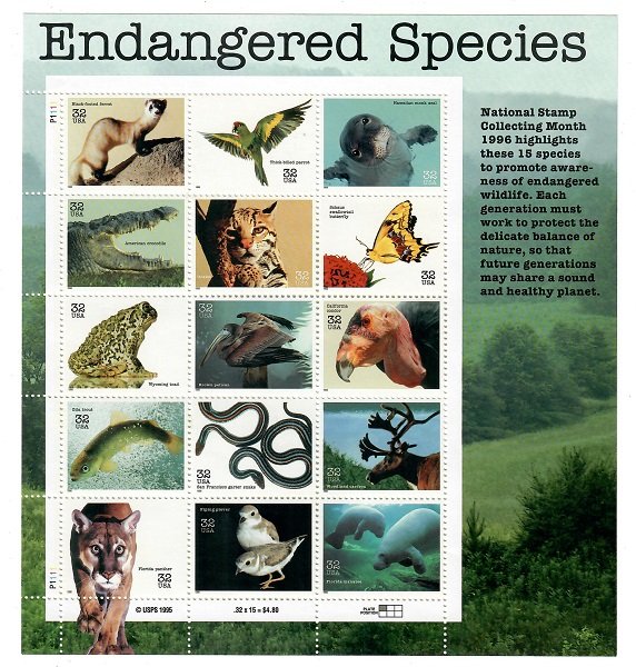 3105 Endangered Species Full MNH Sheet with plate #1111 at face value