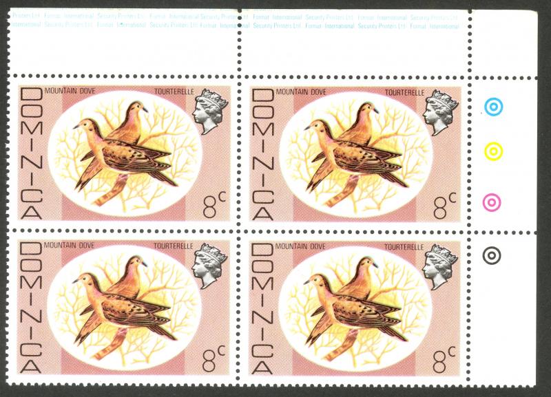 DOMINICA 1975 QE2 8c ZENAIDA DOVES Birds TRAFFIC LIGHT BLOCK Sc 461 MNH