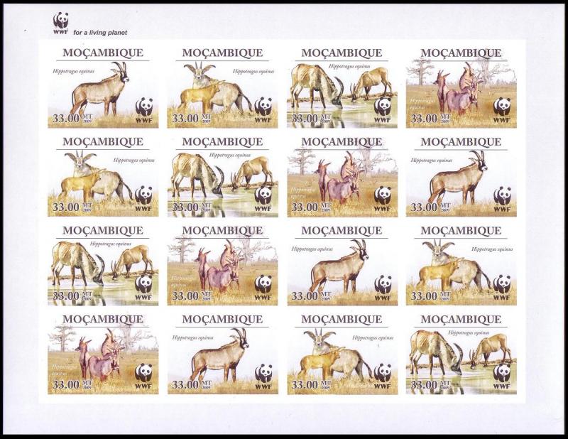Mozambique WWF Roan Antelope Imperforated Sheetlet of 4 sets