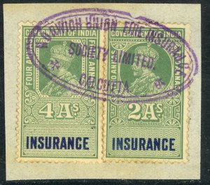 INDIA 1926 KGV 2a & 4a INSURANCE Revenue on Piece BFT. 22,24 VFU