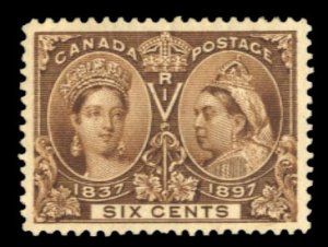 Canada #55 Cat$220, 1897 6c brown, hinge remnant