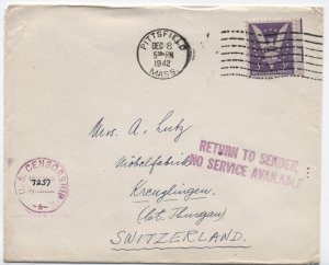 1942 Pittsfield MA 3ct win the war cover to Switzerland service suspended [6620]