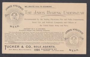 US Sc UX10 mint 1891 Advertising Postal Card, Jaros Hygienic Underwear, Denver