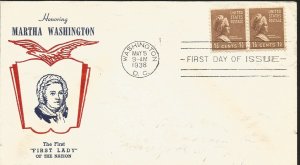 J) 1938 UNITED STATES, HONORING MARTHA WASHINGTON, PAIR, FDC 