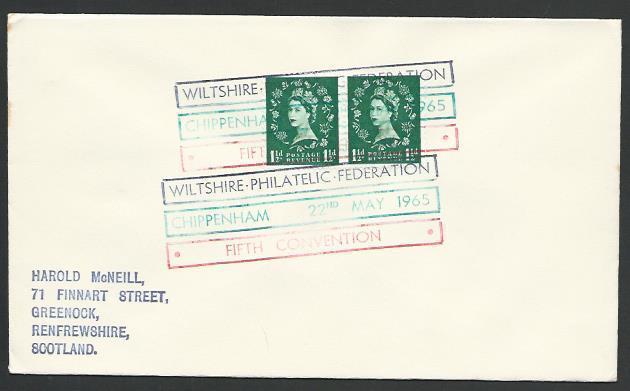 GB 1965 cover FIRST 3 COLOUR CANCEL, Wilts Fed Exhibition.........12055