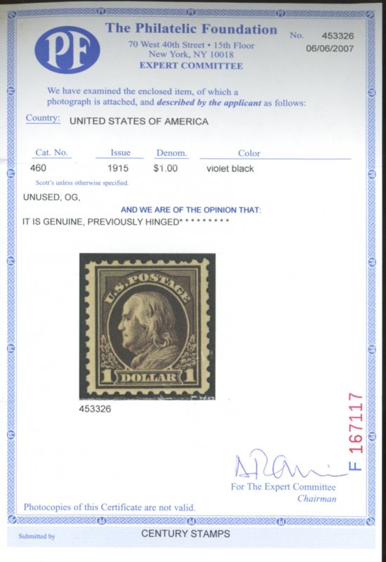 U.S. #460 MINT WITH PF CERT