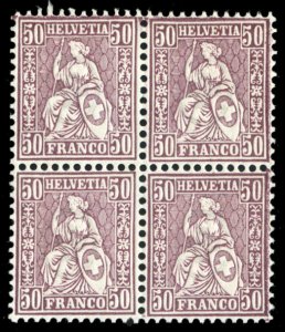 Switzerland #59 Cat$500+, 1867 50c violet, block of four, never hinged