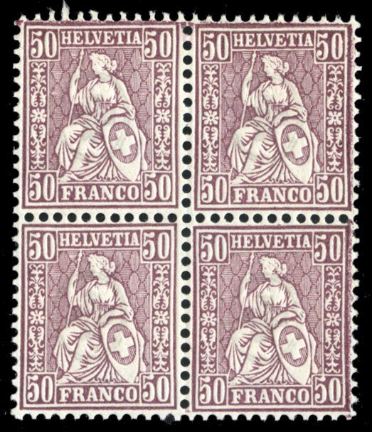 Switzerland #59 Cat$500+, 1867 50c violet, block of four, never hinged