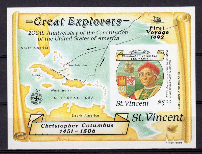 St.Vincent 1988 Sc#1093 COLUMBUS Caravel Souvenir Sheet IMPERFORATED