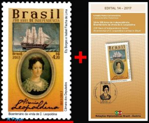 3367 BRAZIL 2017 D. LEOPOLDINA, REL. AUSTRIA, INDEPENDENCE SHIPS, MNH + BROCHURE