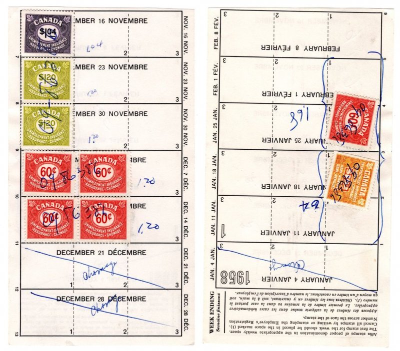 Page from 1958 Canada Federal Unemployment Book with Stamps (1) FU45, (2) FU47,