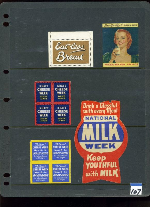 OLD FOOD RELATED POSTER STAMPS CHEESE, MILK, FRUIT, CANDY, PURITAN JELLY, ETC