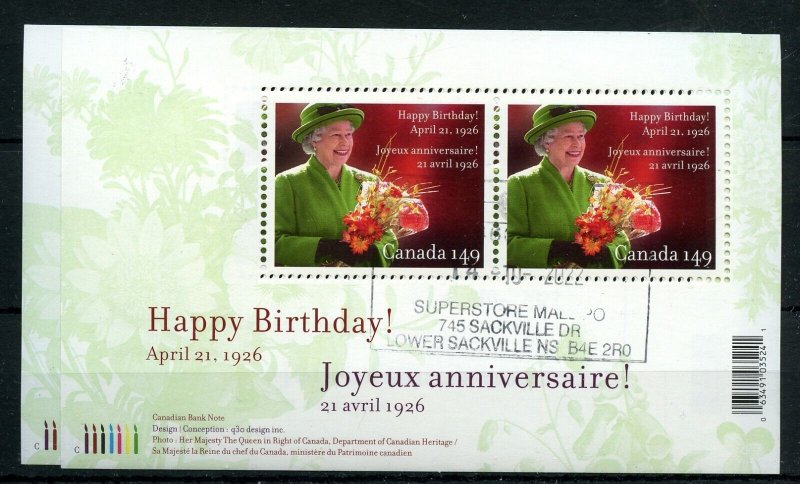 ?QEII Happy Birthday 2x $1.49, lite cancel Souvenir Sheet used Canada