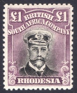 Rhodesia 1919 £1 Deep Pur&Blk DIE 3 Perf 14 SG 279 Sc 138v MVLH Cat £550($687)