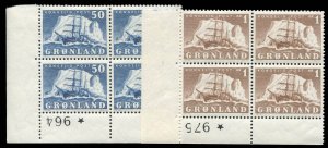 Greenland #35-36 Cat$274+, 1950 50o and 1k, set of two plate blocks of four, ...