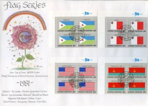 UNITED NATIONS 1982 FLAG IMPRINT BLOCK SET WFUNA CACHET BY BRUNO ZUPAN ON 4 FDCS