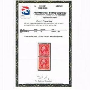 EXCELLENT GENUINE SCOTT #606a XF USED 1923 CARMINE LAKE COIL LINE PAIR PSE CERT