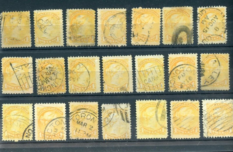 21 x One cent Small Queen Cancel, dated, flag, s/r etc. lot CAnada