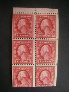 Scott 425e, 2c Washington, pane of 6, MNH early booklet pane, CV $30