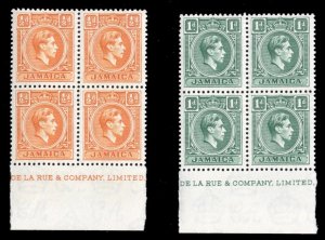 Jamaica #148-149 Cat$21, 1951 George VI, 1/2p and 1p, part imprint blocks of ...