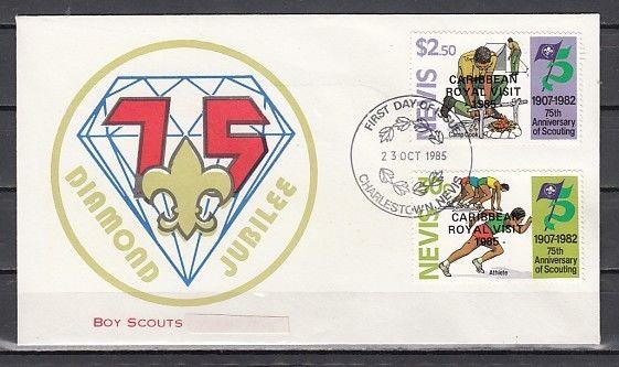 Nevis, Scott cat. 447 & 455. Royal Visit o/p on Scout issue. First day cover. ^