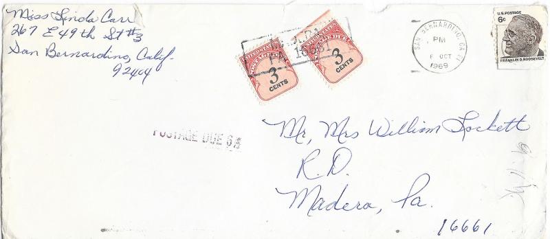 US 1305 & J91 (x2) Cover - Postage Due - October 1969 - F.D. Roosevelt