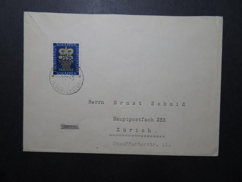 Liechtenstein SC# 213 on 1945 Cover to Zurich / Single Franking - Z11835