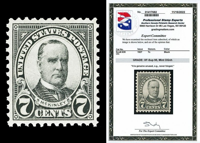 Scott 639 1927 7c McKinley Issue Mint Graded XF-Sup 95 NH with PSE CERT!