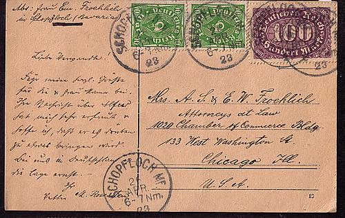  Germany #193 (2), 199  stamps on post card 26-04-23 to USA